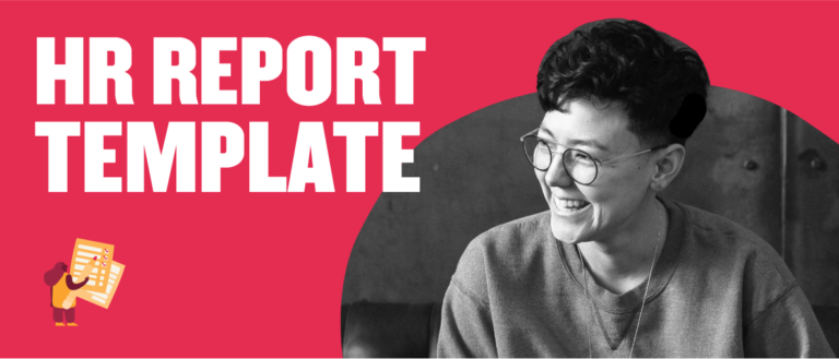 HR report template featuring a smiling individual wearing glasses, set against a vibrant pink background. , HRReportTemplate, SmilingIndividual